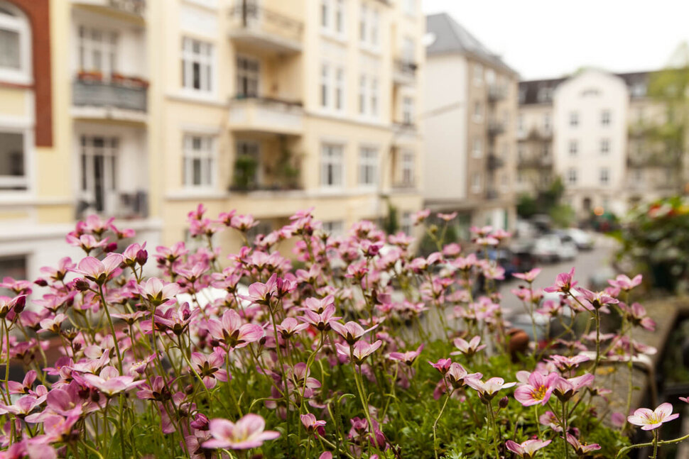 Balkon mit Blumen in Straße mit schönen Altbauhäusern im Stadtteil Hamburg-Hoheluft - Möblierte Wohnungen von City-Wohnen